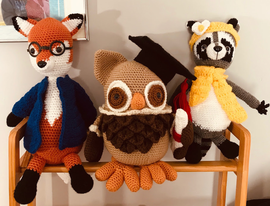 Crochet fox, owl, and raccoon
